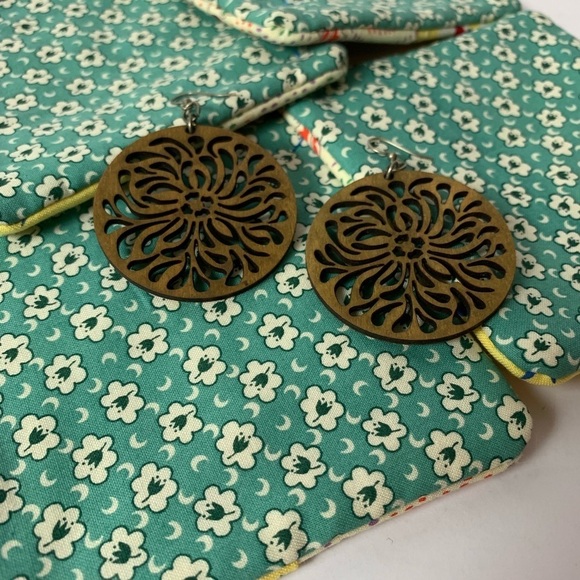 Handmade Round Wooden Intricately Carved BoHo Floral Earrings Silver Wire - Picture 6 of 7